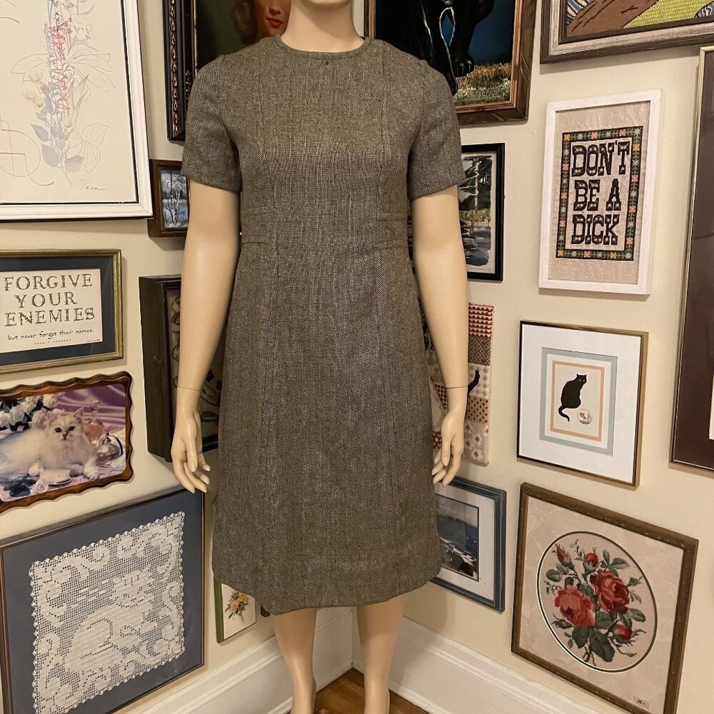 80s Classic Handmade Brown Wool Tweed Short Sleeve Fitted Midi Dress Size XL